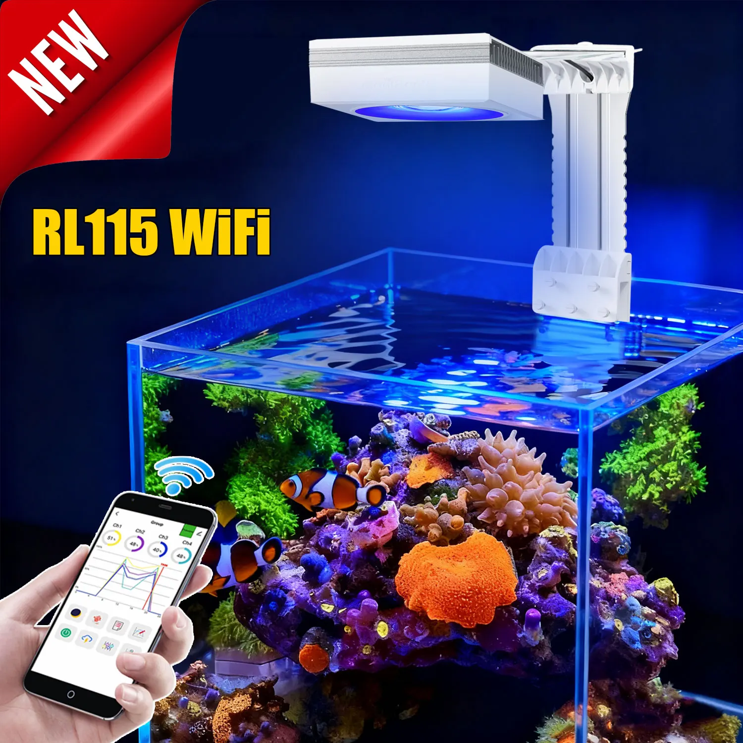 La más nueva luz para acuario PopBloom RL115 WiFi, lámpara LED profesional para acuario marino para corales SPS/LPS, LED para pecera de agua salada