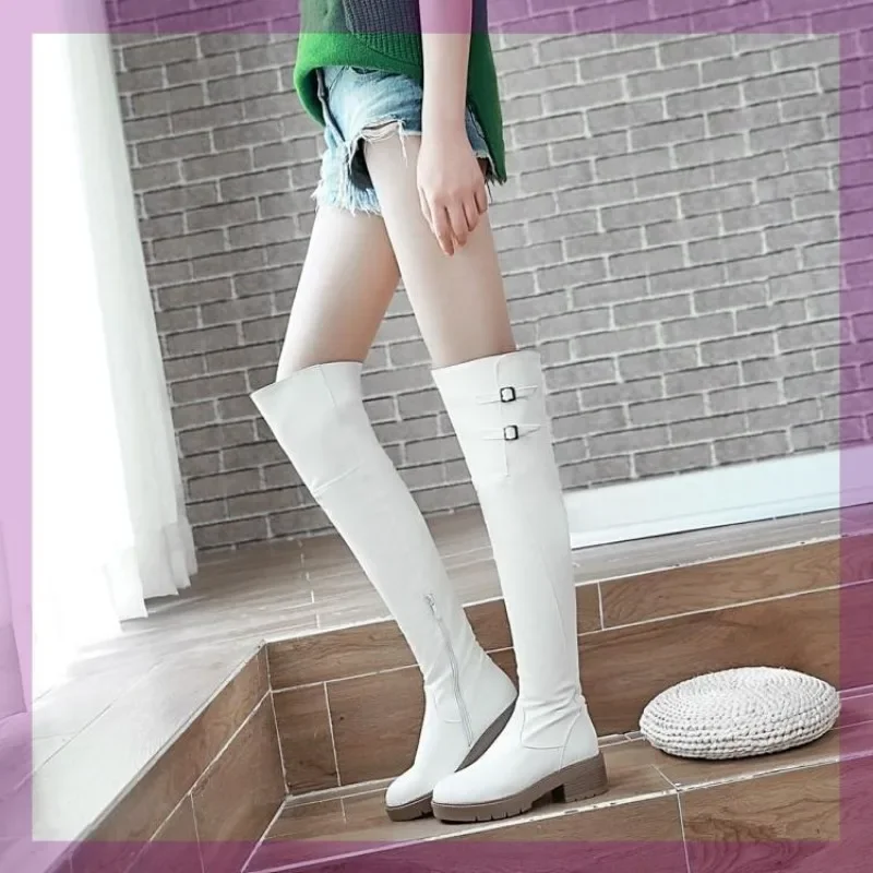 Autumn and Winter Faux Leather Women Long Boots Over The Knee Boots Thigh High Rider Round Toe Flat Boots Large Size 34-43