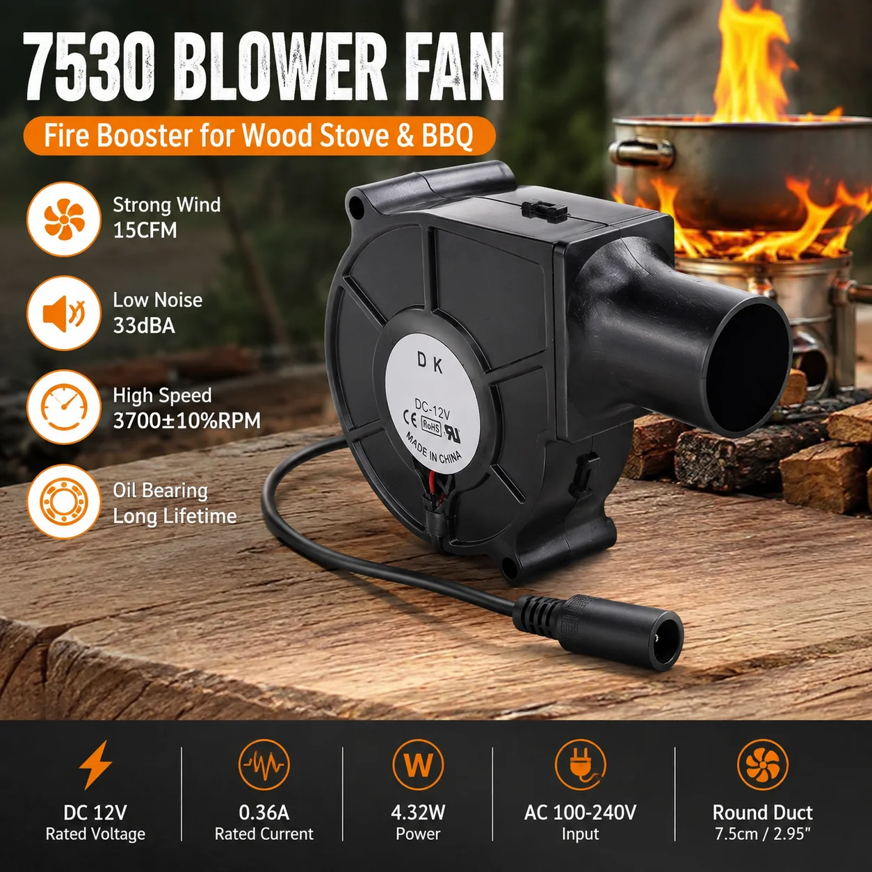 DC 12V 7530 Centrifugal Blower Fan 15CFM 3700RPM Low Noise Fire Booster Fan for Camping Stove BBQ Wood Burner