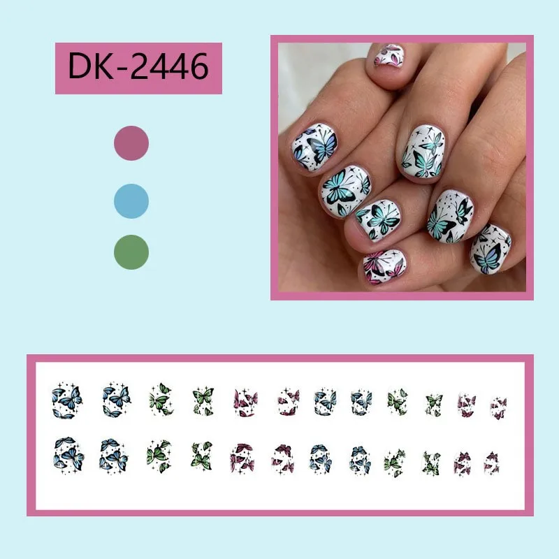 Uñas postizas con dijes cuadrados y cortos, diseños de mariposas azules y púrpuras, parches de verano para niñas picantes, 24 piezas