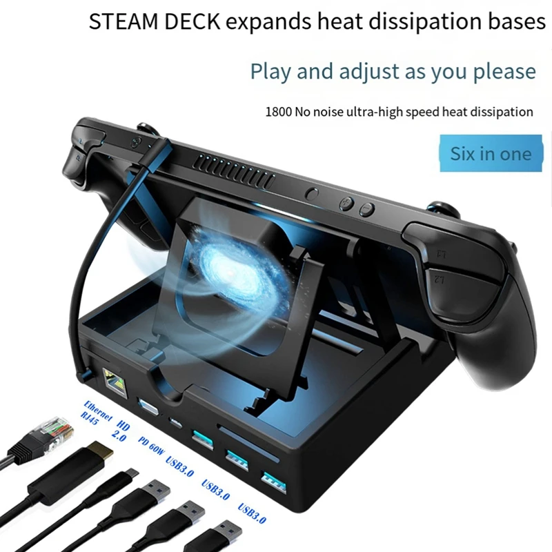 For Steam Deck Dock 6-In-1 Dock Black USB 3.0HDMI Compatible 4K@60Hz RJ45 Gigabit Ethernet PD100W Hub