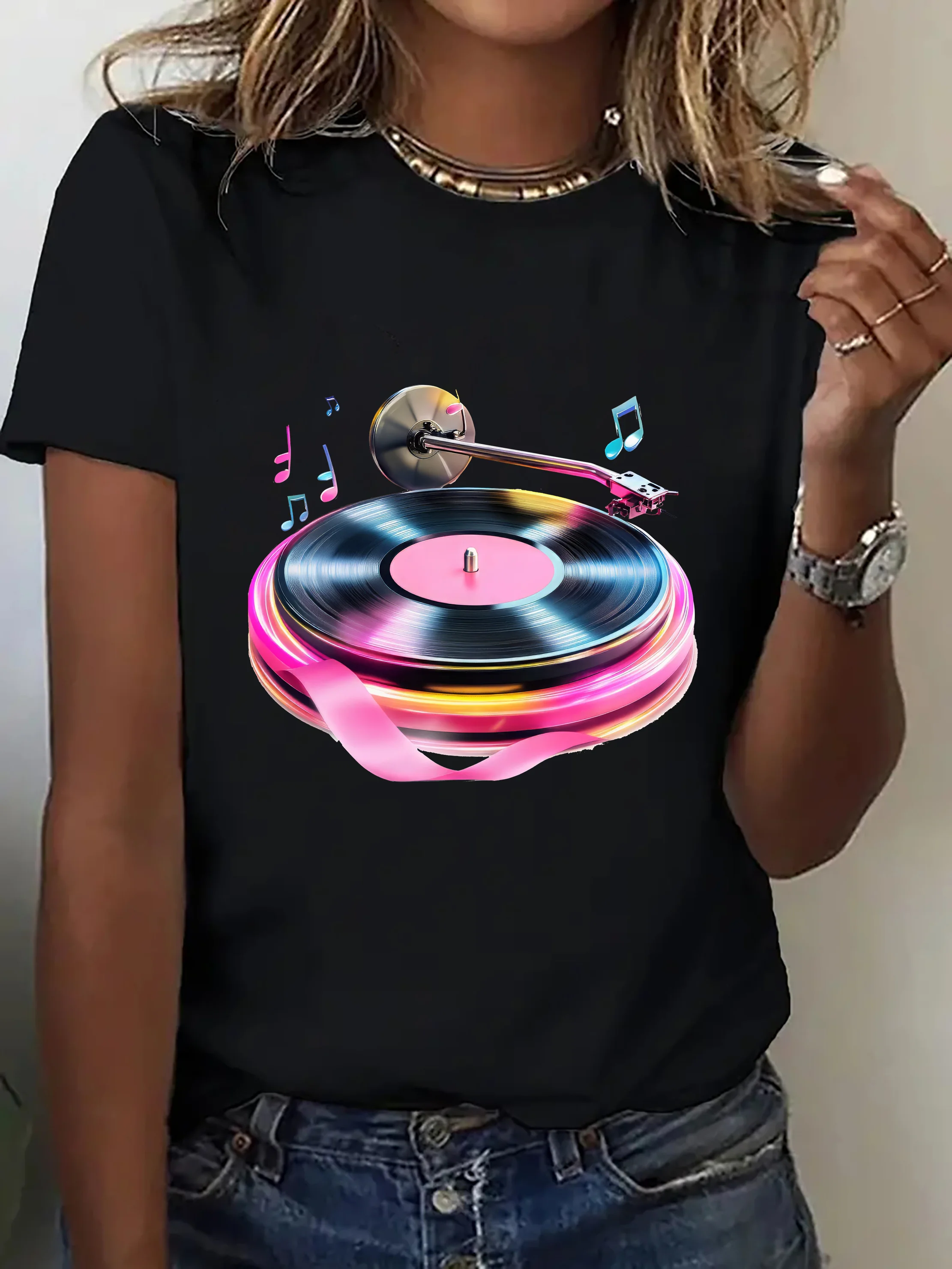 

Women's Retro Vinyl Record Player Graphic T-Shirt - Black with Pink & Purple Music Note Print, Stretchy Round Neck Short Sleeve