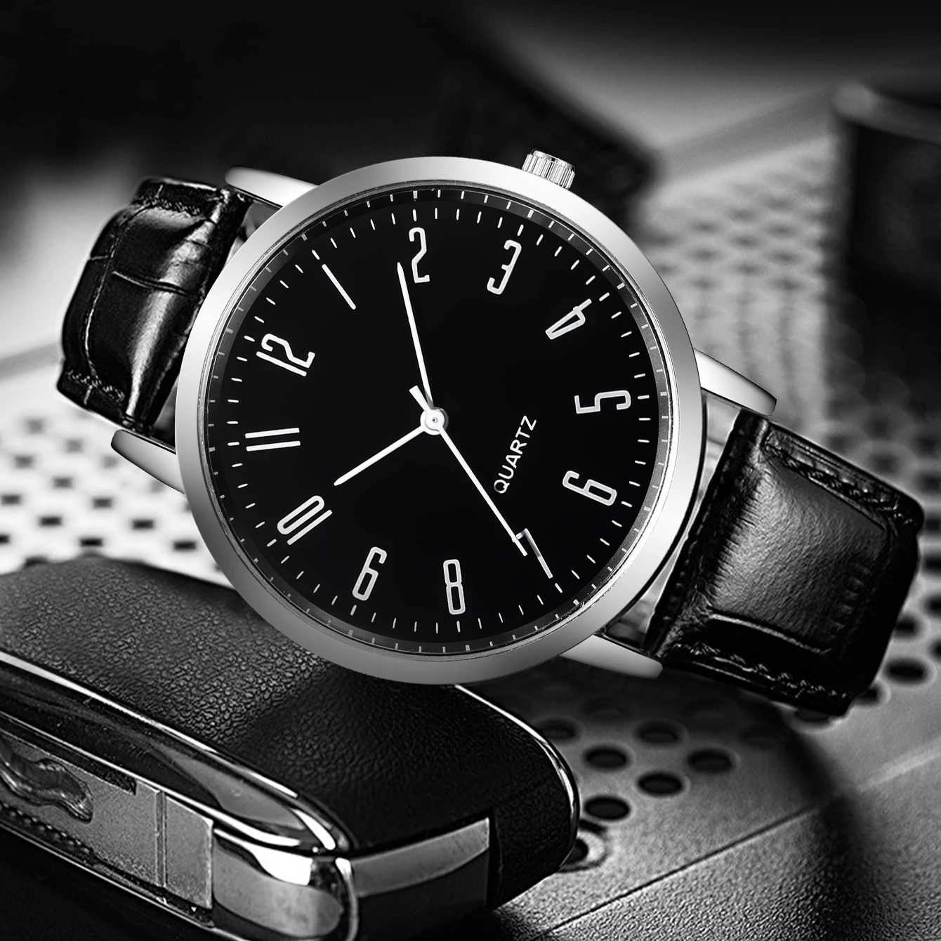 5PCS/Set Men\'s Watch Fashion Arabic Dial Leather Band Men Business Watches Bracelets Set(Without Box)