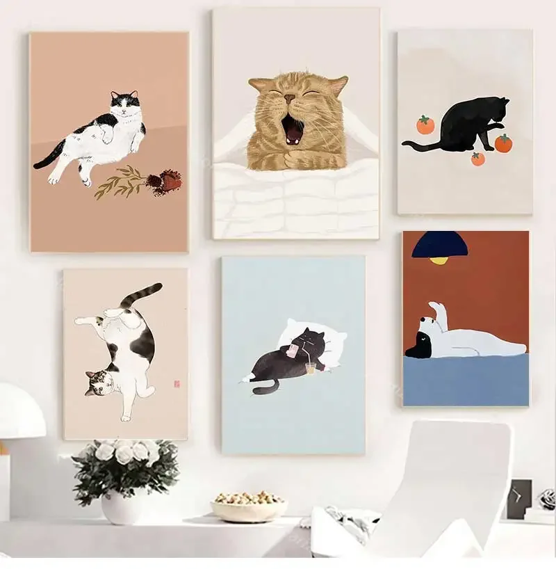 Modern Wall Painting Living Room Canvas Print Poster Cat Wine Pizza Animal Funny Art Pictures Nordic Modern