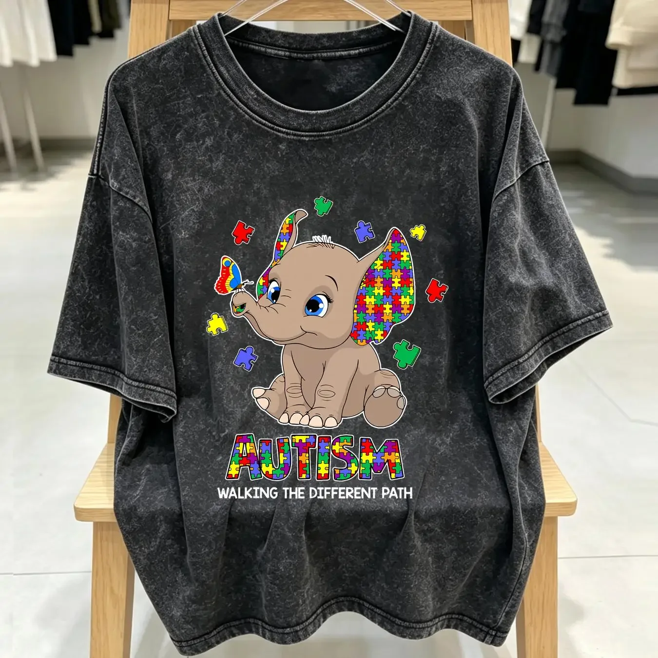 washed T Shirt Autism Awareness Elephant Walking The Different Path Puzzle Size S 5XL vintage Washed Stylish