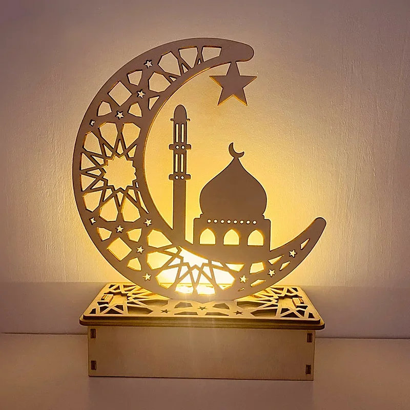 Imagem -03 - Ramadan Festival Wooden Moon Star Lights Lâmpadas Decorativas Iluminação de Festa 2023