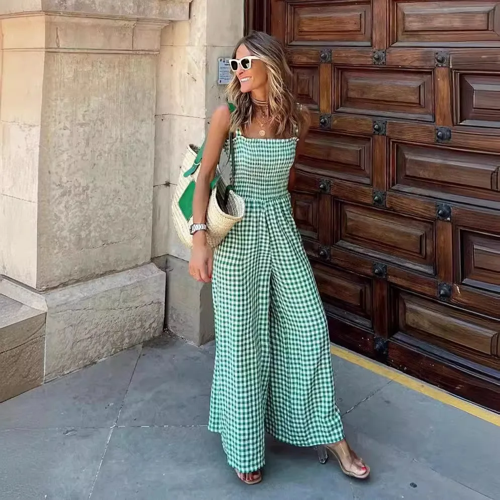 Summer Women's Clothing Casual Jumpsuits For Woman Comfortable Polyester Long Jumpsuit With Checkered Pattern Mid Waist Fit