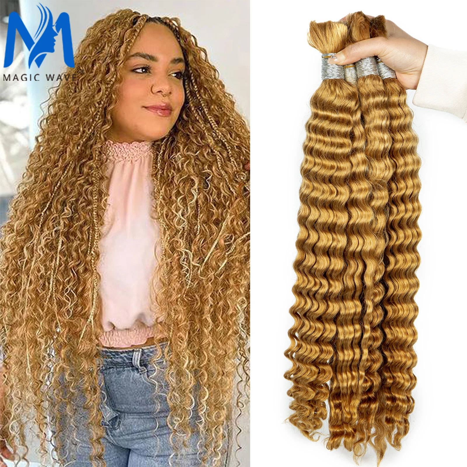 

27# Honey Blonde Deep Wave Human Braiding Hair Bulk for Boho Knotless Braids Bulk P4/27 Deep Wave Micro Braiding Human Hair