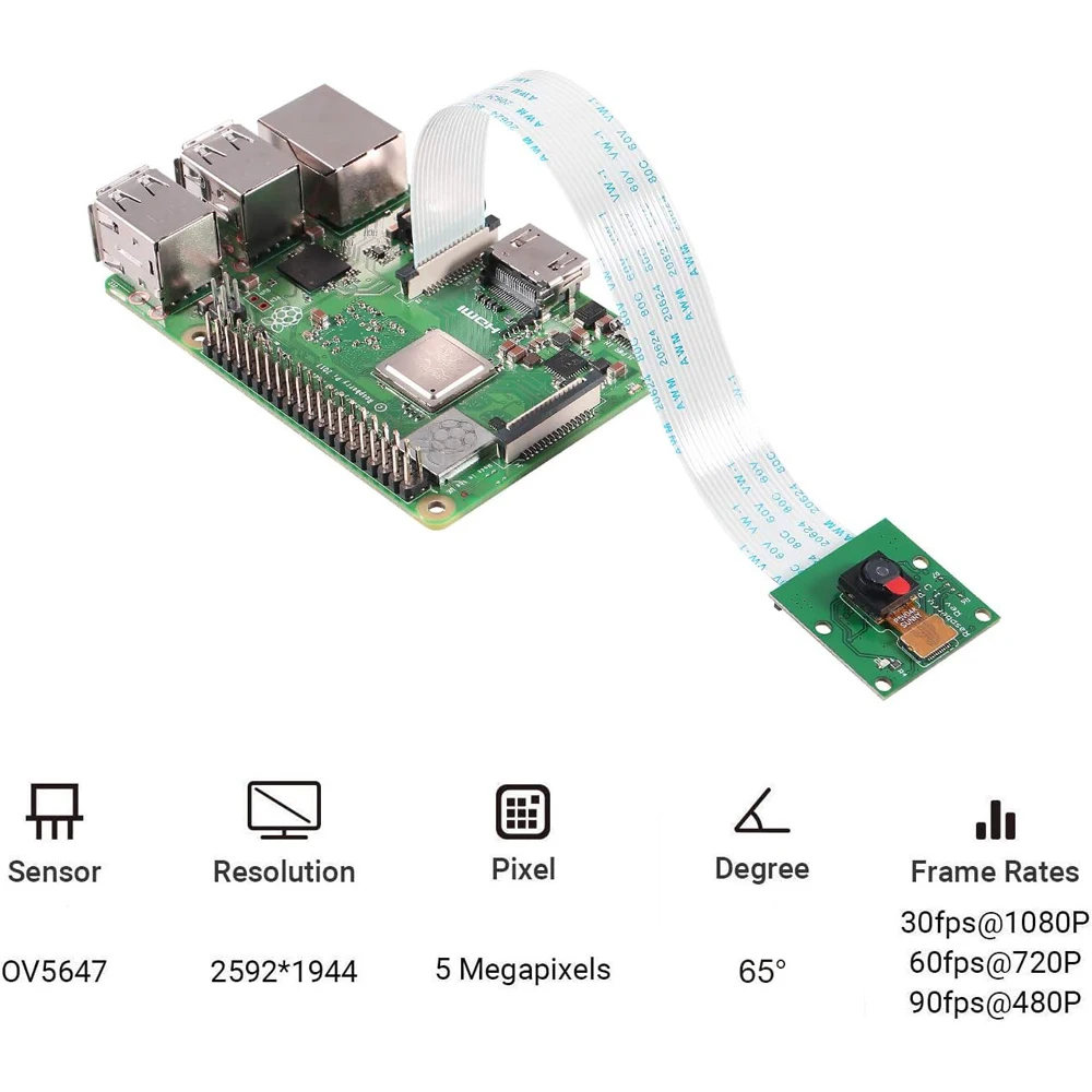 Per modulo fotocamera Raspberry Pi, 5MP 1080p con modulo videocamera sensore OV5647 per Raspberry Pi 2, Pi 3 3B +, Pi 4 , Pi Zero W