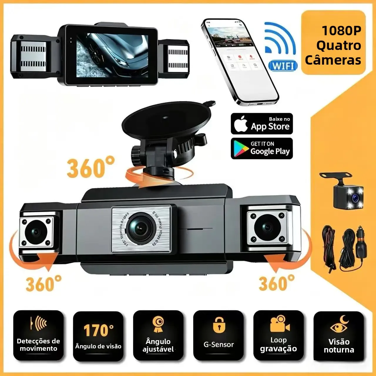 Câmera Veicular 4 Canais HD 1080P DVR Caixa Preta Visão Noturna 24H 360 °   Monitor de Estacionamento com Câmera de Painel WiFi e Nova Câmera de Ré