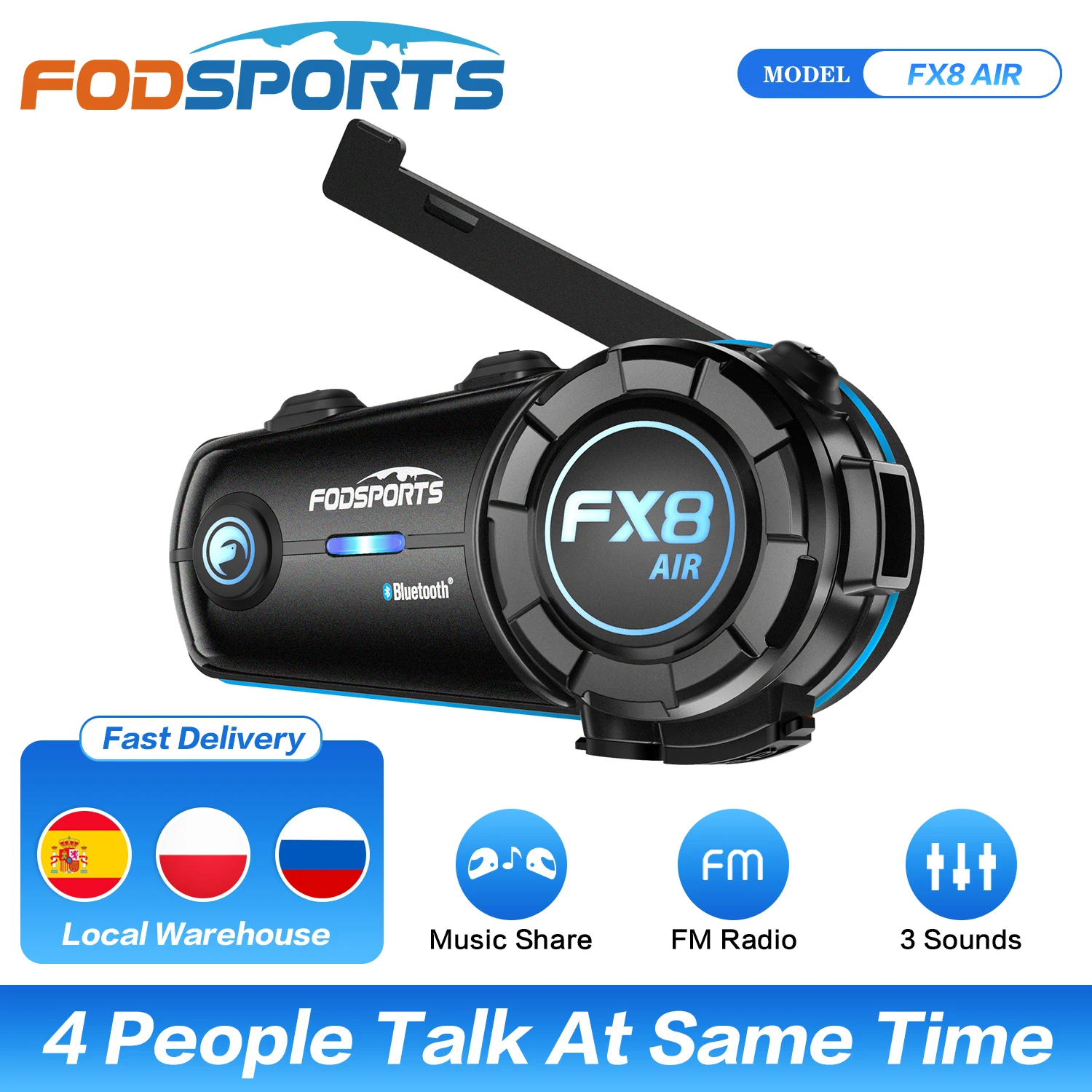 Fodsports-intercomunicador FX8 AIR para casco de motocicleta,motocicleta auriculares Bluetooth,Intercomunicador para 4 pilotos,Radio FM,3 Efectos de sonido,Compartir música