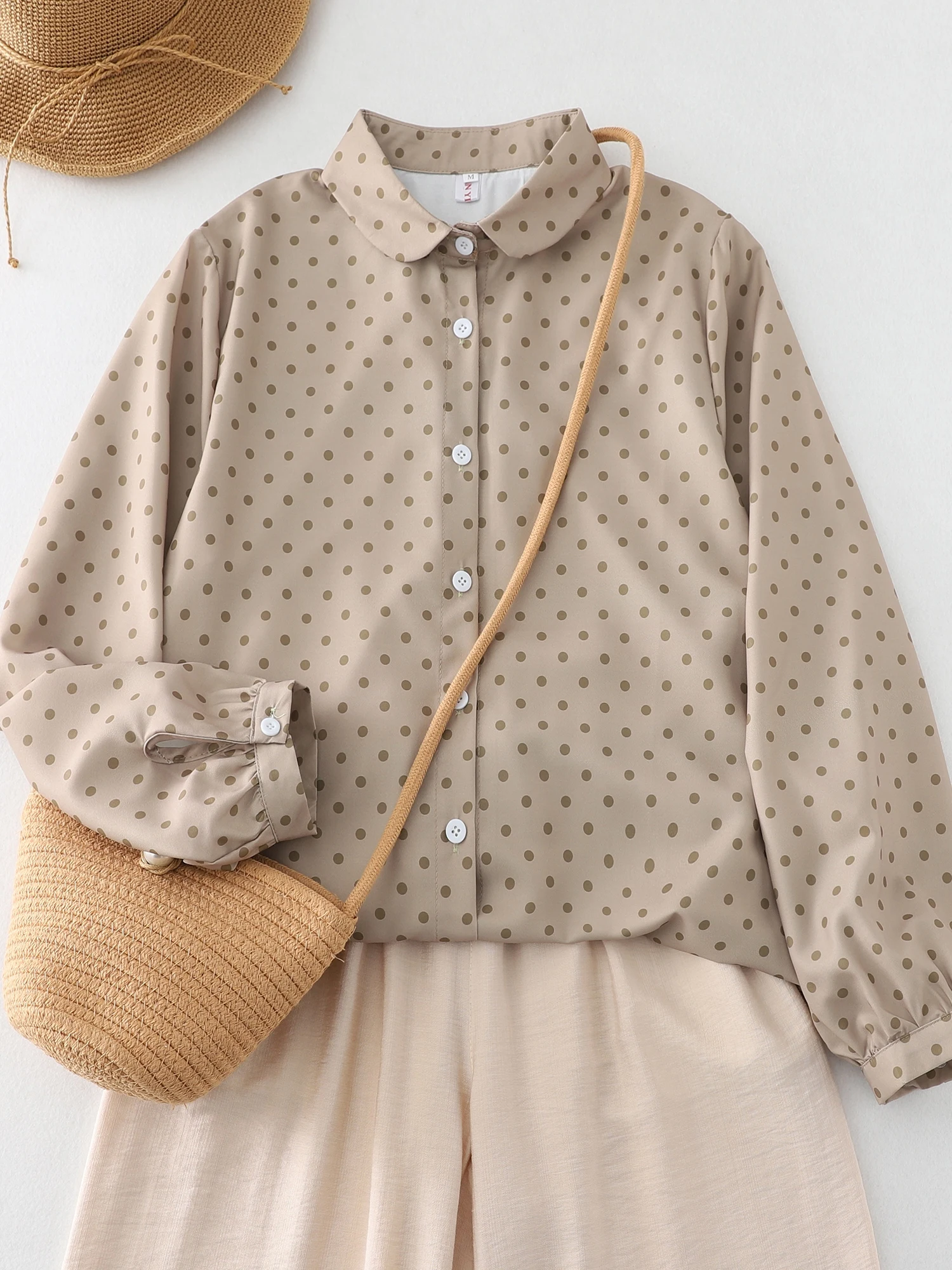 

Женская повседневная базовая основа в горошек в стиле ретро, весенний сезон, смесь хлопка, длинный воротник све, на пуговицах