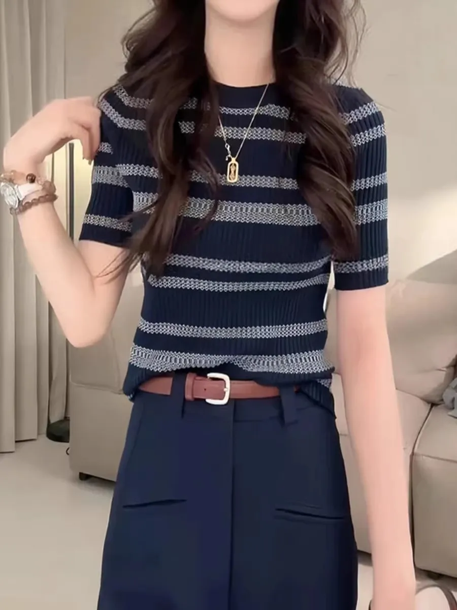 

Summer Thin Ice Silk Short Sleeve Knitted Top Women's Casual round Neck Short Shoulder Stripe Color Block Knitwear