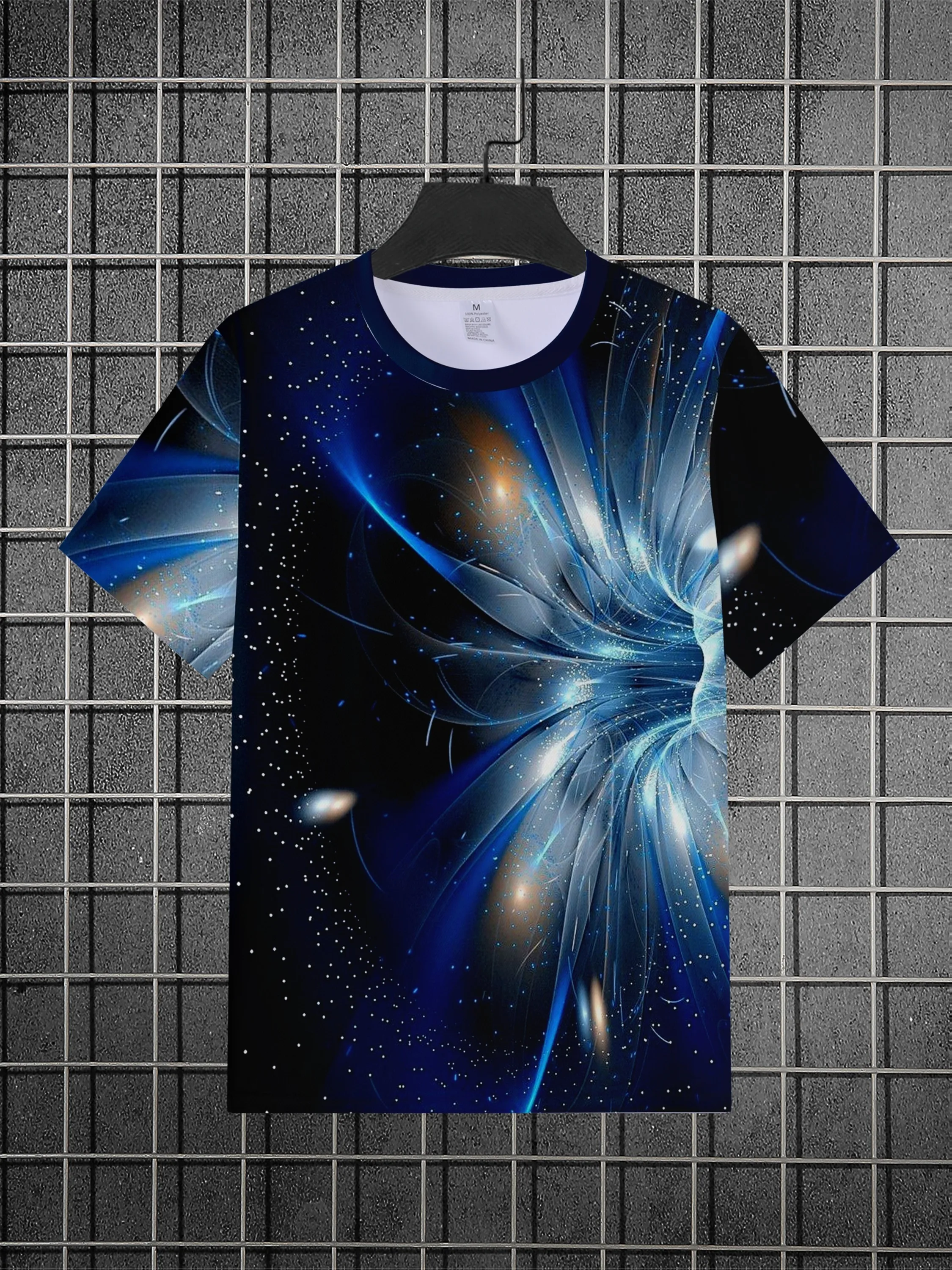 Men Black Blue Galaxy Light Swirl Print Tee O Neck Short Sleeve Summer Casual Top