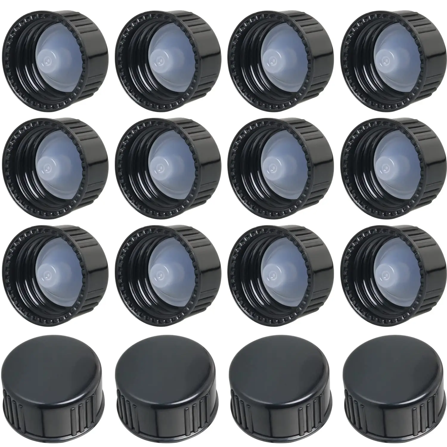 16 sztuk pokrywa z żywicy fenolowej 18mm/20mm/22mm/24mm czarne zakrętki z polietylenową uszczelką do codziennych chemikaliów, żywności, butelek na kosmetyki