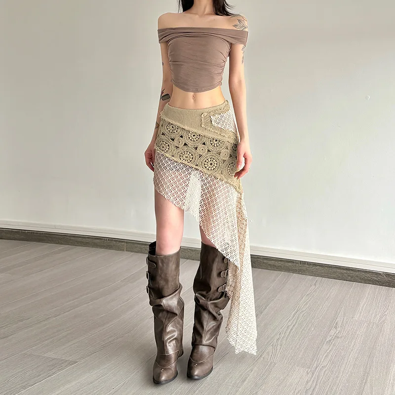 American Spring Autumn New Women's Solid Color Slimming Retro Splicing Short Skirt Fashion High Waist Irregular Half Skirt