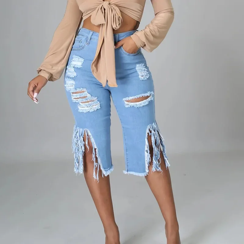 

2024 Women Jeans Hole Ripped Tassle Low Waist Elastic Flare Knee Length Denim Pants Sexy Fashion High Street Trousers 2021