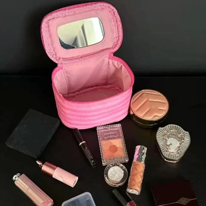 Rosa gestreifter, geräumiger, tragbarer Reise-Make-up-Beutel mit Spiegel, Handtasche für Toilettenartikel, Organizer für Frauen, Geschenk für Damen – Detail 2
