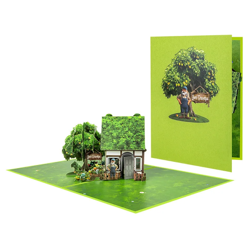 

2Pcs New Grandpa Green House 3D Pop-Up Birthday Card Best Grandpa Greeting Card with Paper Sculpture
