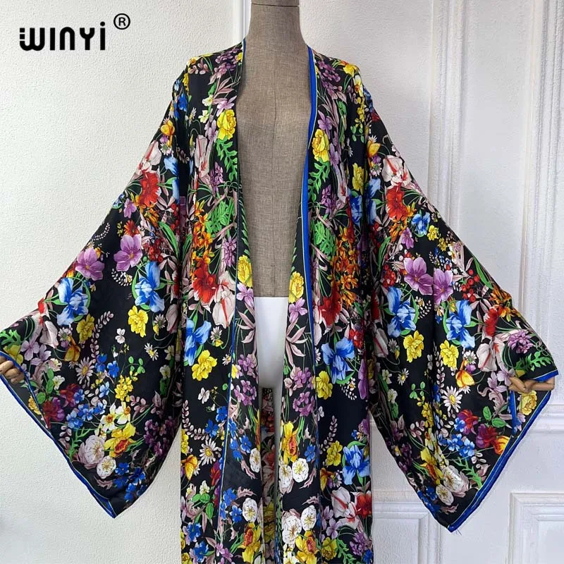 WINYI lato 2024 kimono z kwiatowym nadrukiem okrycie plażowe strój kąpielowy elegancka afrykańska sweter damski boho seksowna wakacyjna sukienka