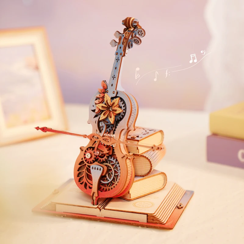 Robotime 3D Puzzle Magic Cello Cat's Sky City Wooden Music Box Model Kit Gear Model Building Craft Kits Best Gift for Adults