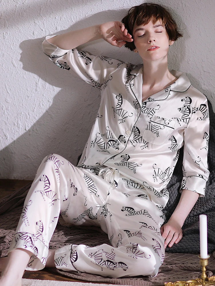 Women's 100% Mulberry Silk Zebra Print Pajama Set Spring Lapel Shirt & Trousers Loungewear Outside Button Down Pajamas Nightwear