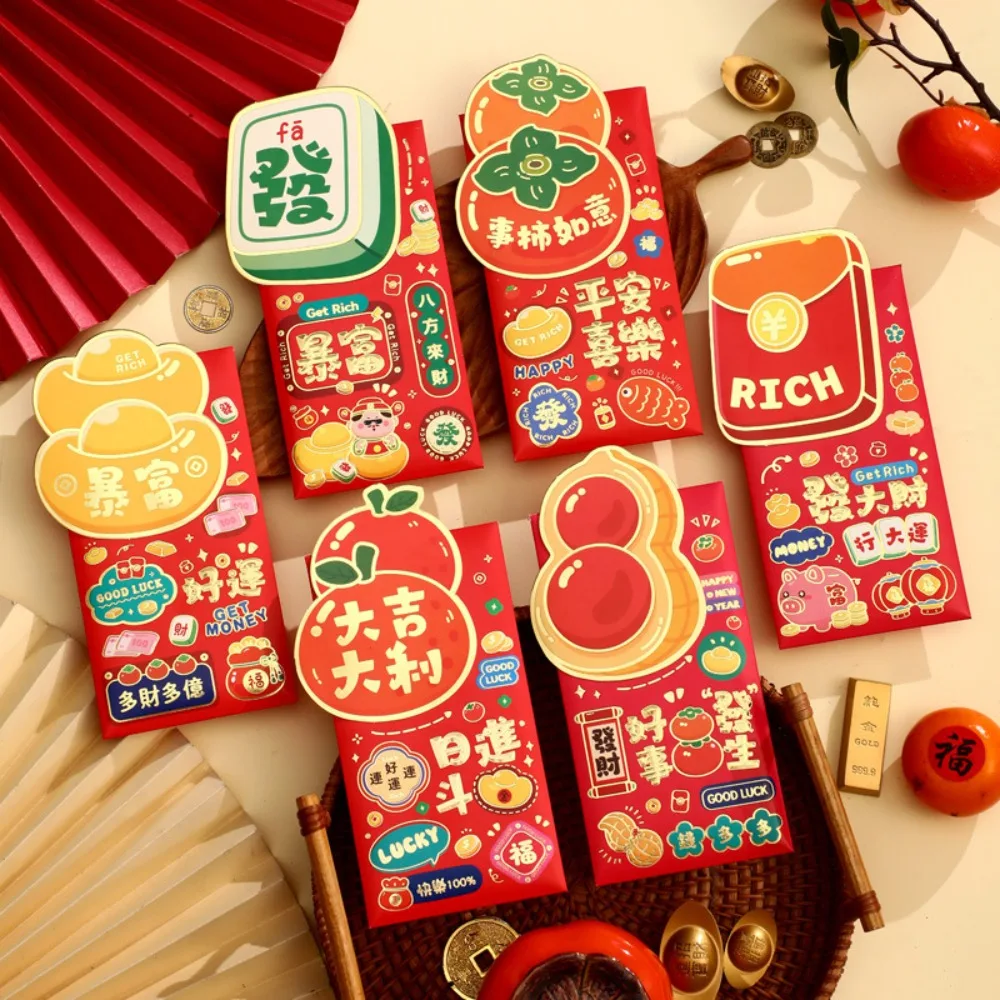6pcs Gilded Cartoon Snake Red Envelope 3D Blessings Printing Lucky Money Bag Mixed Pattern Solid Red Packet Year of The Snake