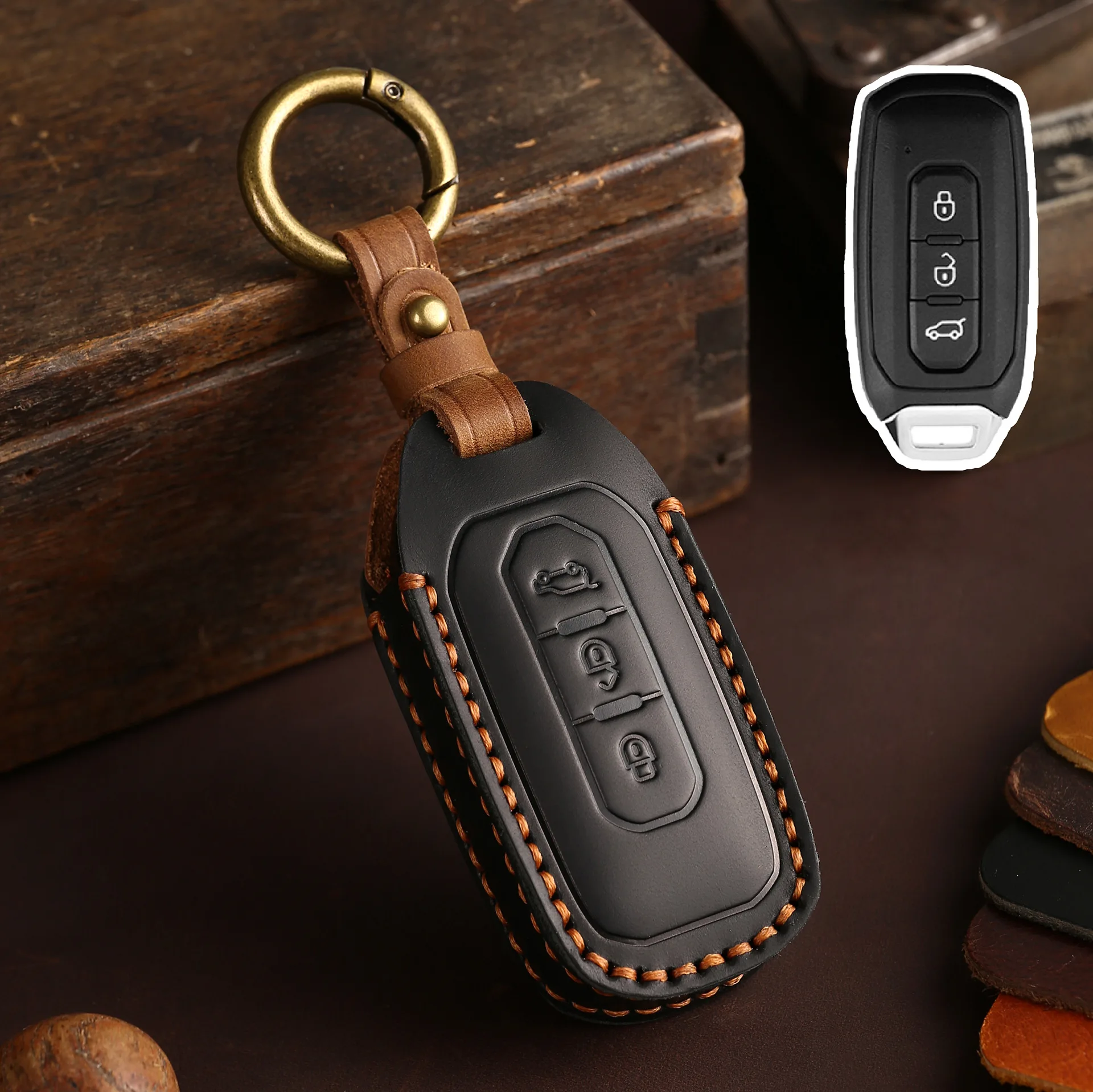 Crazy Hose Leather 3 button Car Styling Key Holder Case Cover for Ford Territory 2019 2020 2021 2022 2023 2024