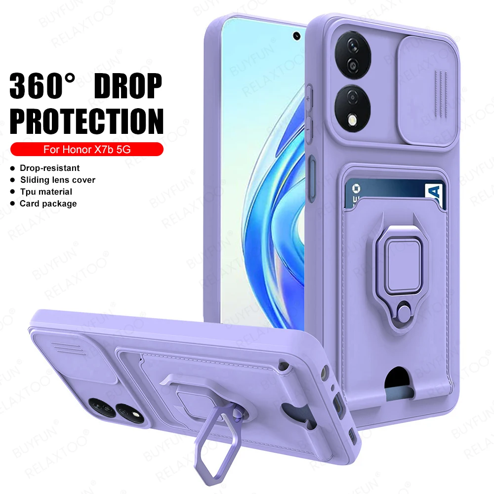 Slide Camera Protect TPU Case For Honor X7b 4G Magnet Holder Ring Card Bag Shockproof Coque On HonorX7b Honar Honer X7 b X 7b 5G