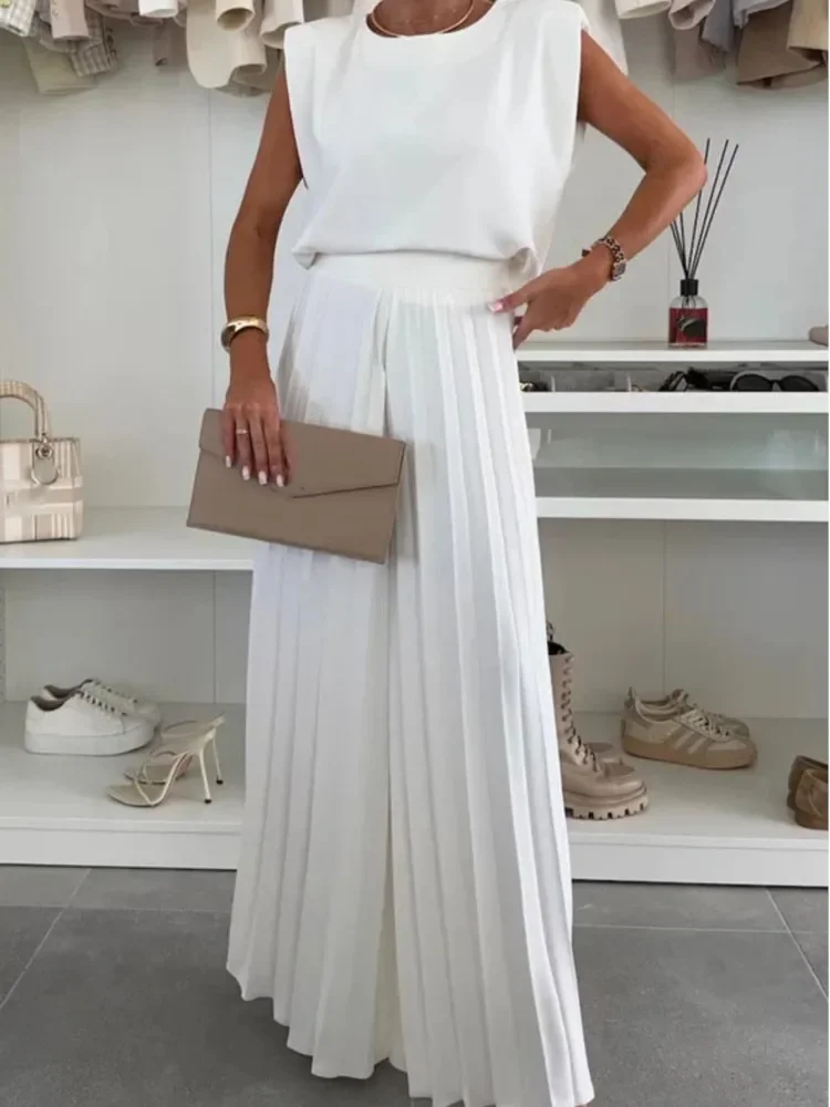 

Elegant Women White Two Piece Sets Summer Round Neck Sleeveless Top & Pleated Wide-leg Pants Casual Set Fashion Print Streetwear