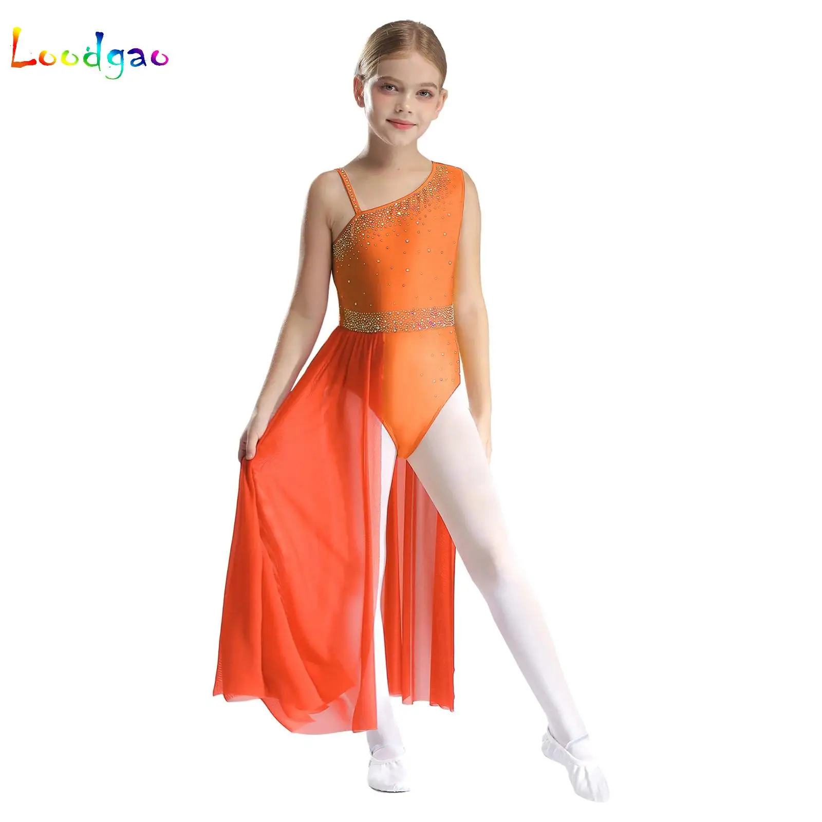 Kids Girls Modern Lyrical Dance Dress Rhinestone Gymnastics Ballet Performance Costume Side Split Sheer Mesh Leotard Dancewear