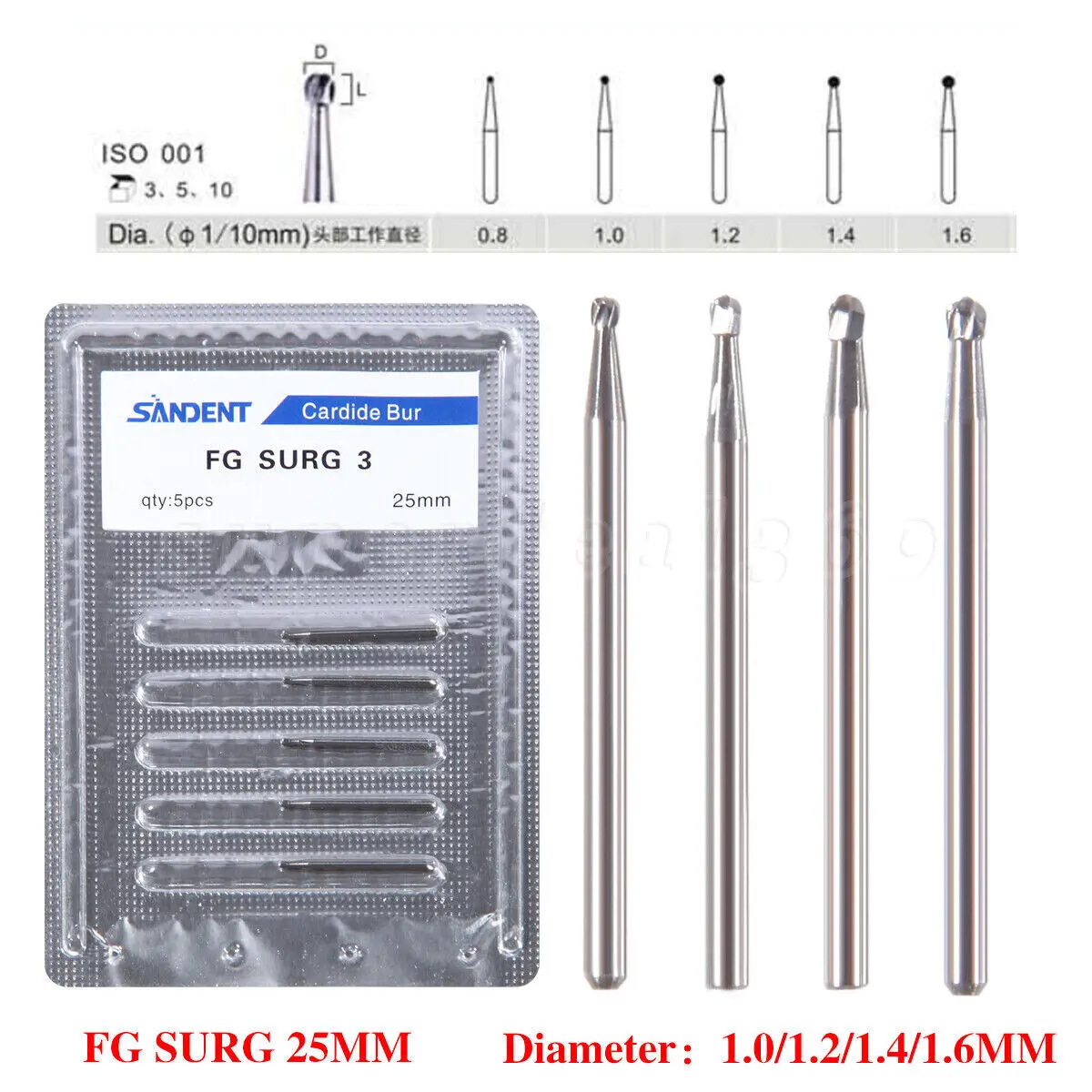 

SANDENT Dental Burs Carbide Surgical High Speed Handpiece FG SURG 2 3 4 5 Length Bur 25mm