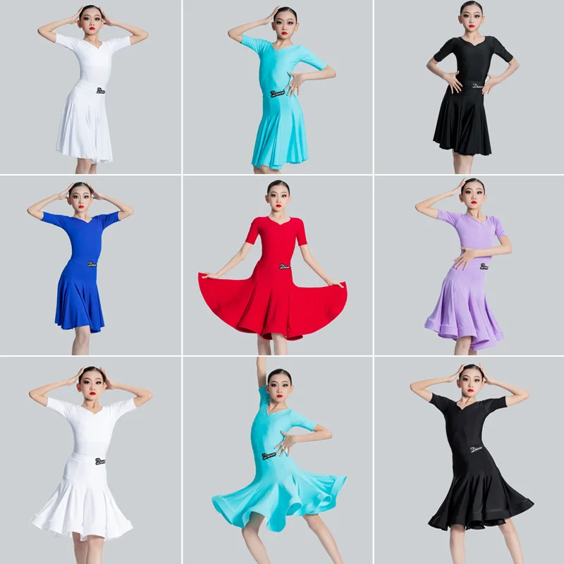 

kid's Latin dance dress girls' practice clothes short sleeved split competition performance costume line dance suit dancewear