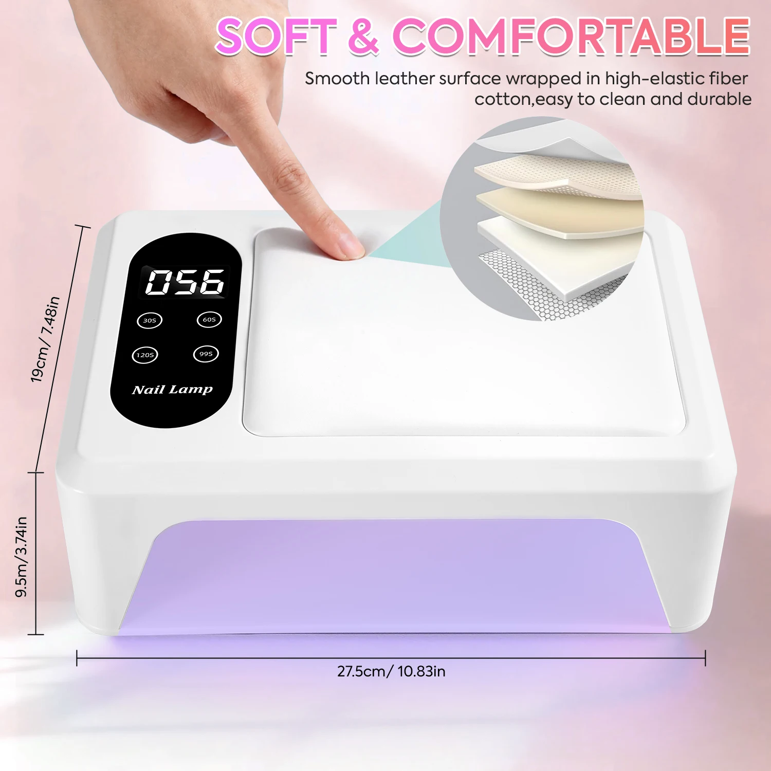 Ruime UV/LED-spijkerlamp met slimme sensor, 4 timermodi, verwijderbare voet en ingebouwde handsteun