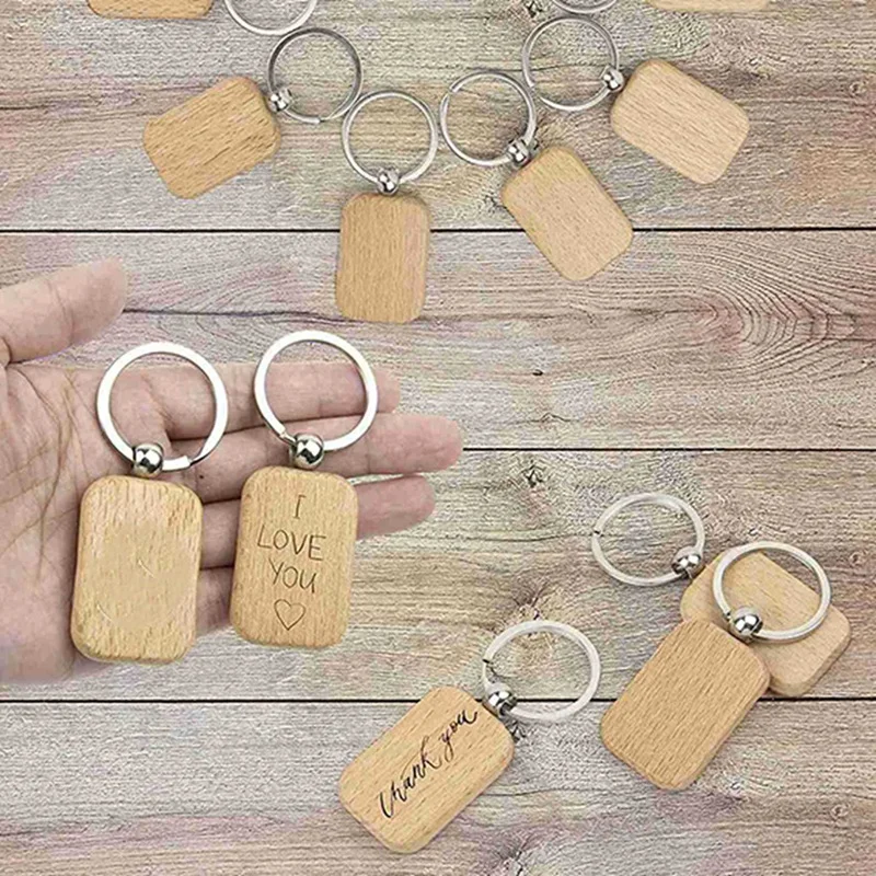 Retângulo arredondado em branco Keychain madeira, Tag chave DIY, pode ser gravado, presente, 300pcs