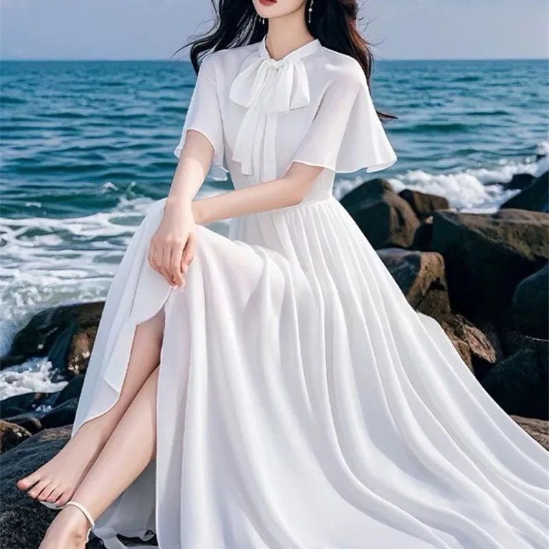Summer Boho Chiffon Beach Long Dress Women Elegant Solid Color All-match Elegant Dress Evening Party Maxi Dresses Women Clothing