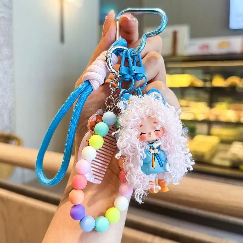 Cartoon-Schlüsselanhänger mit flauschigem Haar und coolem Mädchen-Motiv – Schlüsselanhänger aus der Milchtee-Serie, Taschenaccessoires für trendige Mädchen, kreative Geschenke – Detail 1