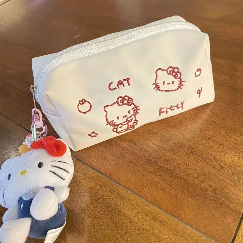 Estuche de lápices Kawaii Sanrio Hellokitty, bolsa de almacenamiento de estudiantes de gran capacidad, bolsa bordada de dibujos animados, regalos de cumpleaños para niñas, nuevo