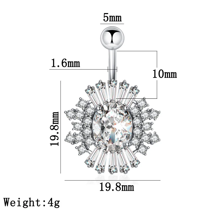 Belly Button Ring Cubic Zirconia Big Stones Clear Pink 14G Stailess Steel Rod Body Piercing Flower Navel Bar Umbilical Jewelry