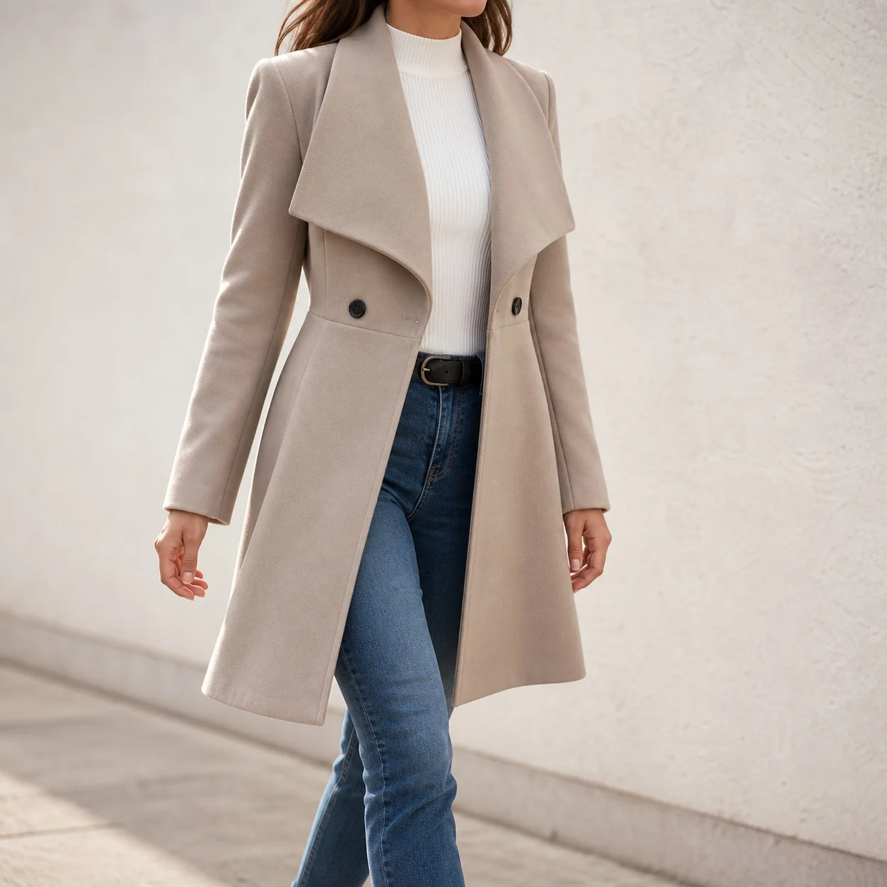 Women's Medium Weight Casual Solid Color Wool Coat with Notched Collar Long Sleeve Single Button Mid-Length Button Detail