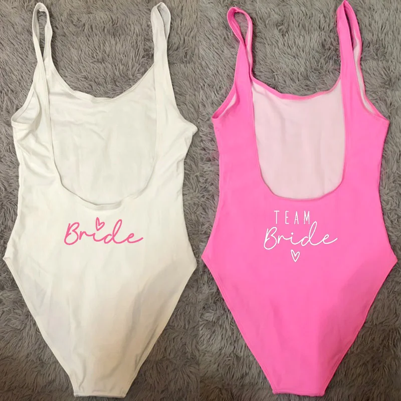 TEAM Bride Heart Print One Piece Swimsuit Women Swimwear High Cut Low Back Sexy Bodysuit Bachelor Party Bathing Suit Swimming