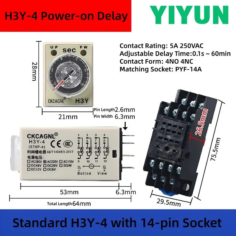 1PC Power-on Delay Time Timer Relay H3Y-4 with 14 Pin Socket AC220V DC24V 1S 5S 10S 30S 60S 3M 5M 10M 30M 60M Timer Switch