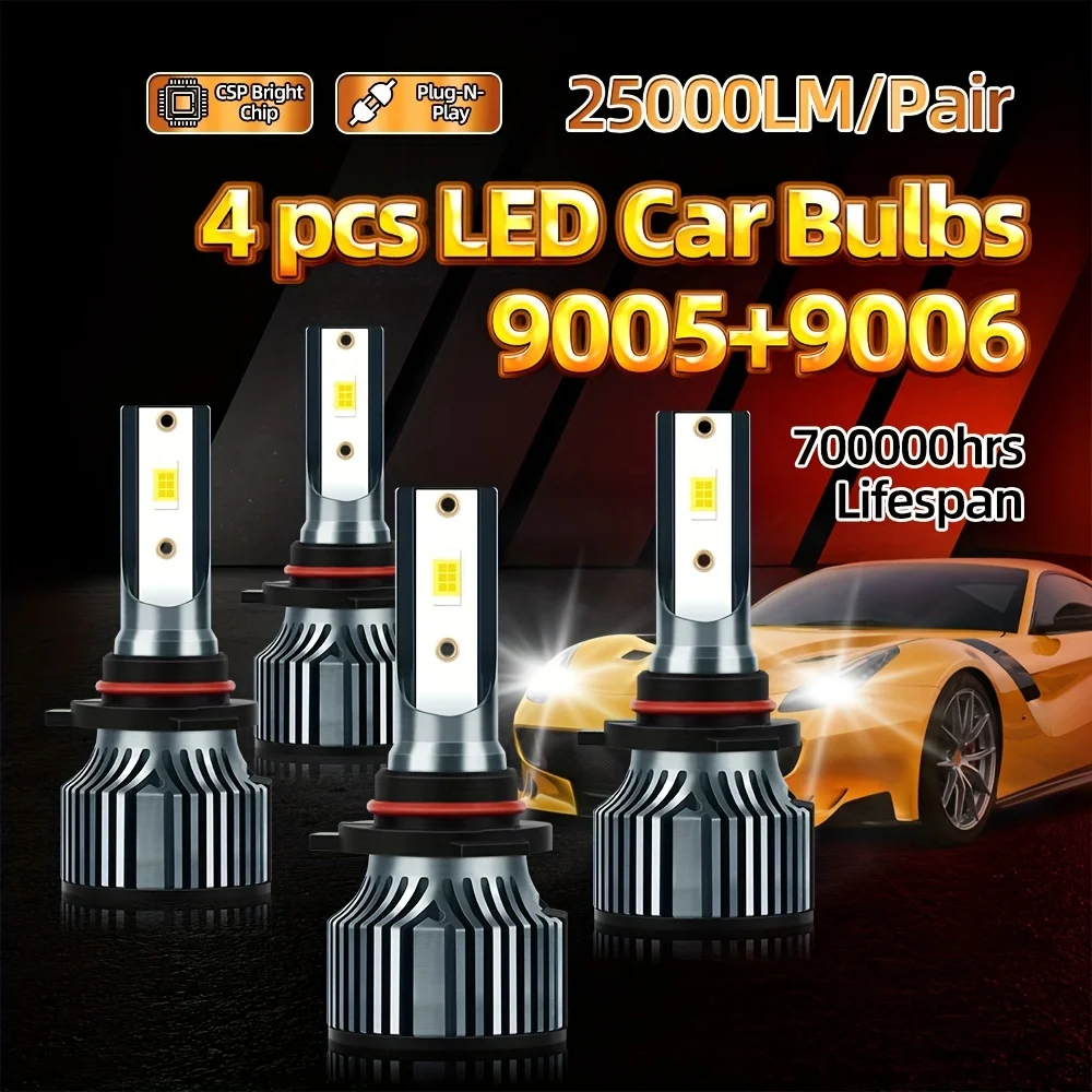 

4pcs 25000LM LED Headlights 9005/HB3+9006/HB4 Combo Front Car Lamps Bulbs 6500K White CSP Chip 400% Brightness 70000hrs Lifespan