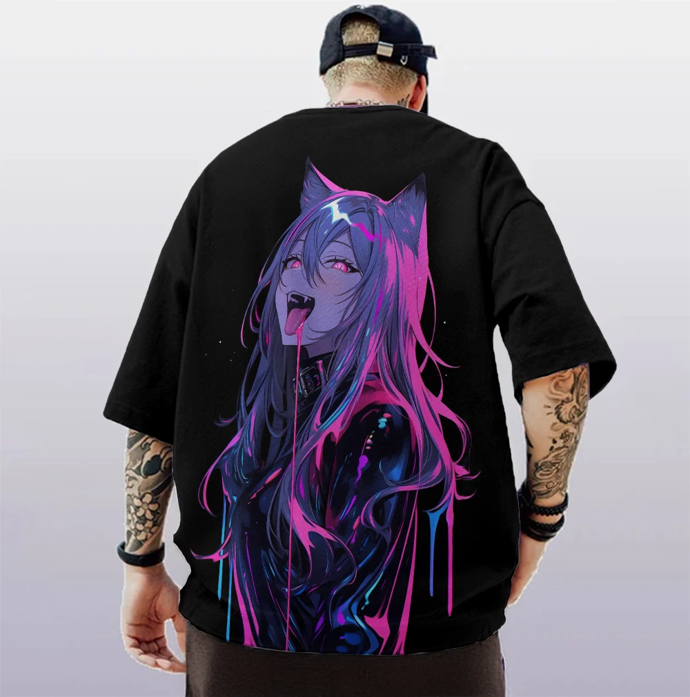 3d Cat Girl Print Men's T-Shirt Street Fun Man Clothes Loose Oversized Short Sleeve Tees For Men Summer Quick Dry Pullover 2024