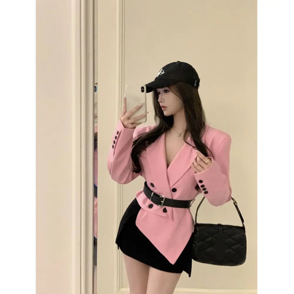 Gagarich American Style Unique Exquisite Irregular Double Row French Button Suit Coat Belt Women Autumn Elegant Jacket Top