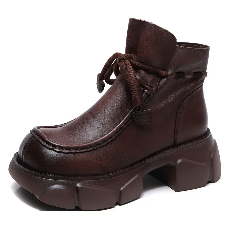 

Retro 2023 Autumn Boot Wedge Thick Sole Shoes Genuine Leather Boots for Women ZIP Ankle Booties 6cm Natural Motorcycle Mid Calf