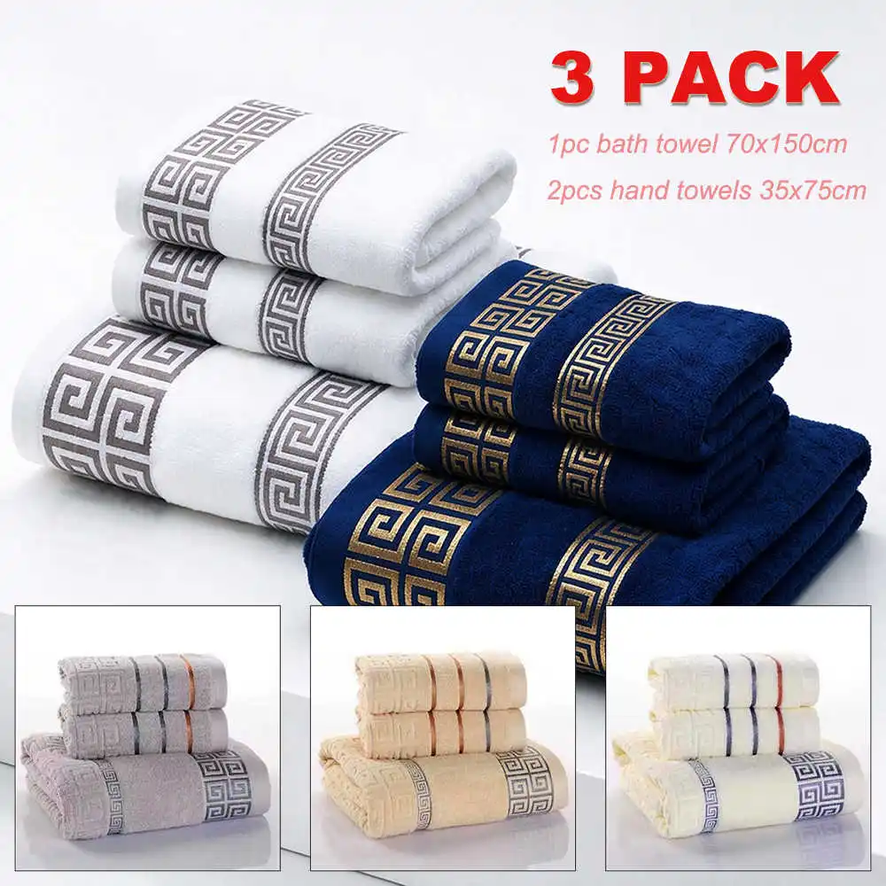 3 Piece Bath Towel Set 100% Cotton Soft Absorbent Geometric Design 1 Bath Towel And 2 Hand Towels For Bathroom Gym Travel Pool
