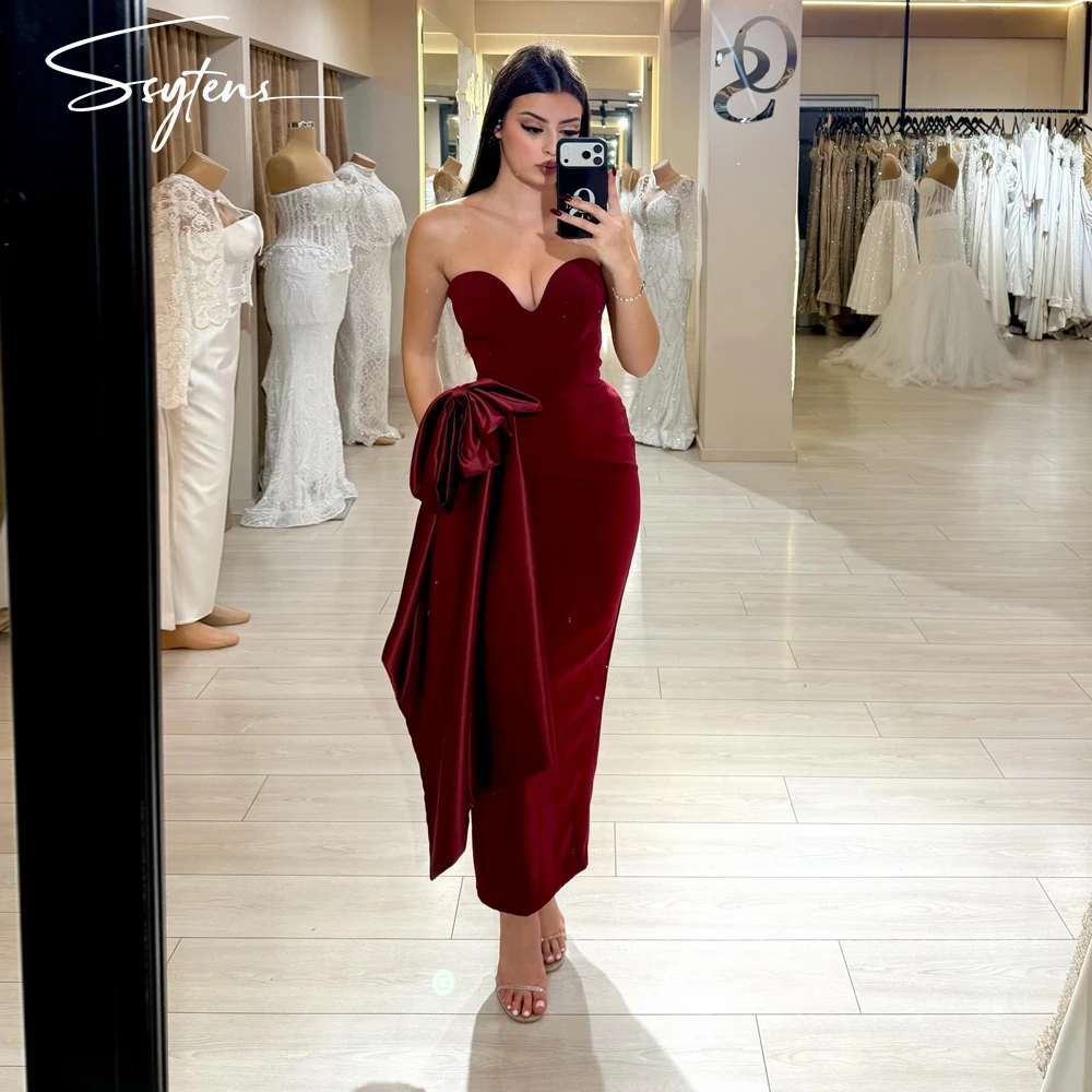 SSYTENS Bow Burgundy Velvet Evening Dress Oversized Wedding Guest Party Gowns Mermaid Vestidos De Fiesta Elegantes Customized