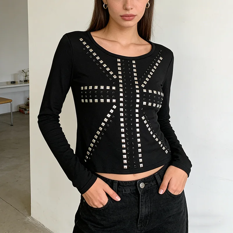 Sommer Neues Amerikanisches Retro Gothic Nieten Reismuster Langarm T-Shirt Slim Fit Lässiges Street-Top für Damen