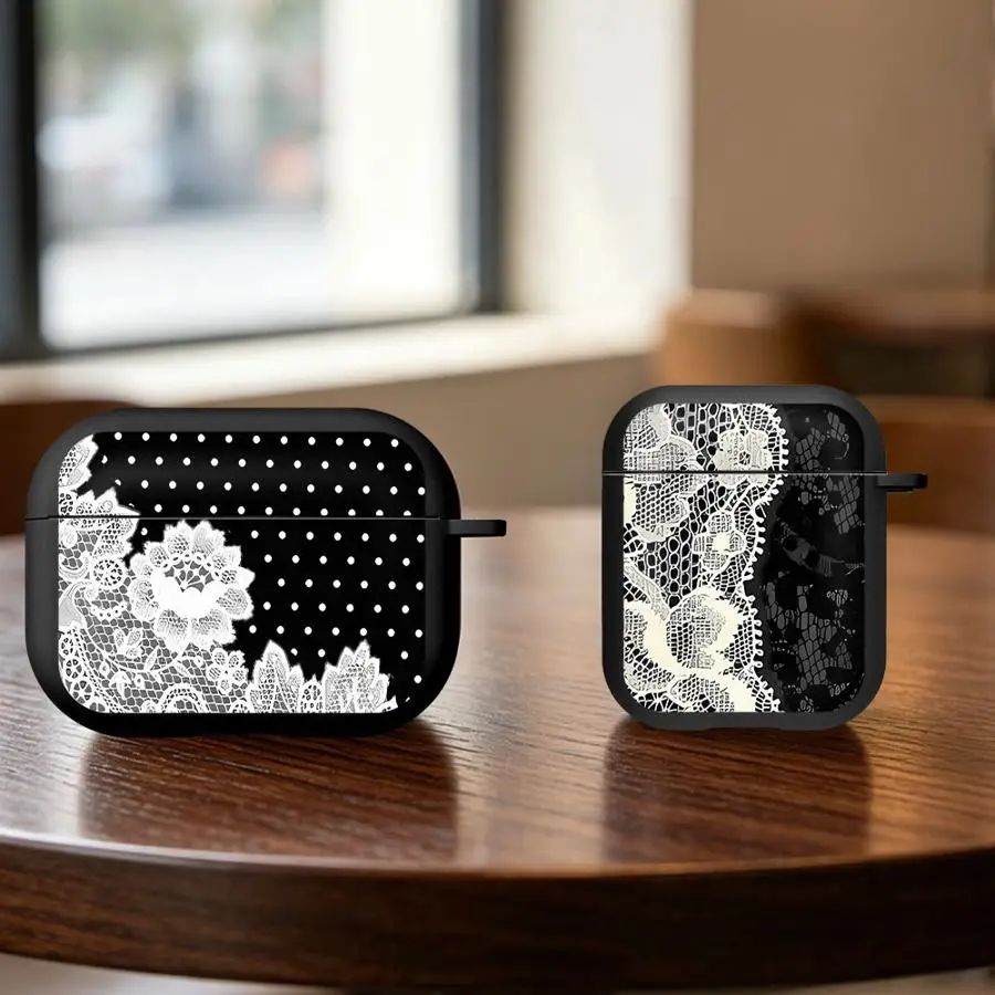 Vintage Lace Border Print Earphone Cases Cover With Hook Case For Airpods 5 Pro 2 Pro3 4 1 3 Pro2